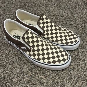 Vans Brown and White Classic Checkerboard Slip-On Shoes